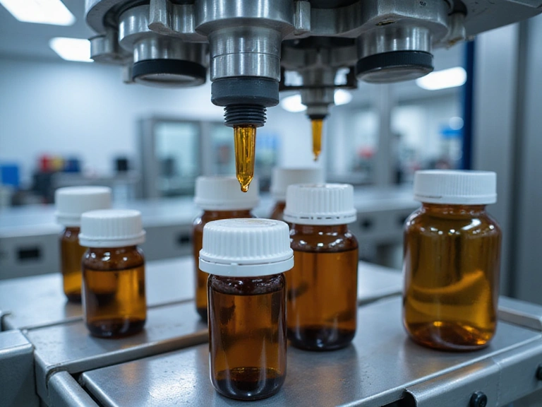 Automated production line for supplements, emphasizing cleanliness and efficiency.