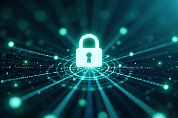 Padlock icon over a secure data network