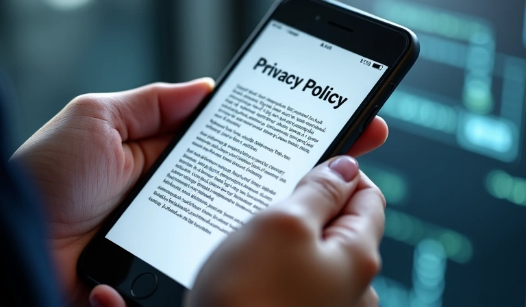 Hands holding a smartphone with a privacy policy document on screen