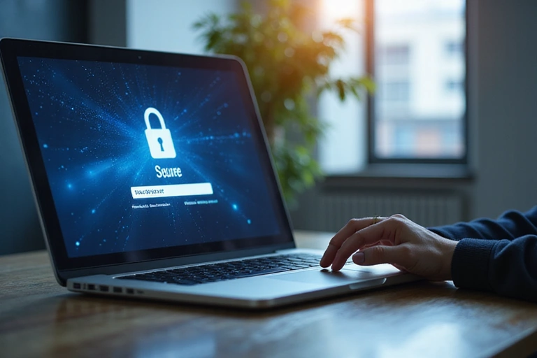 A person securely logging into an online account on a laptop, representing user account management and data security.